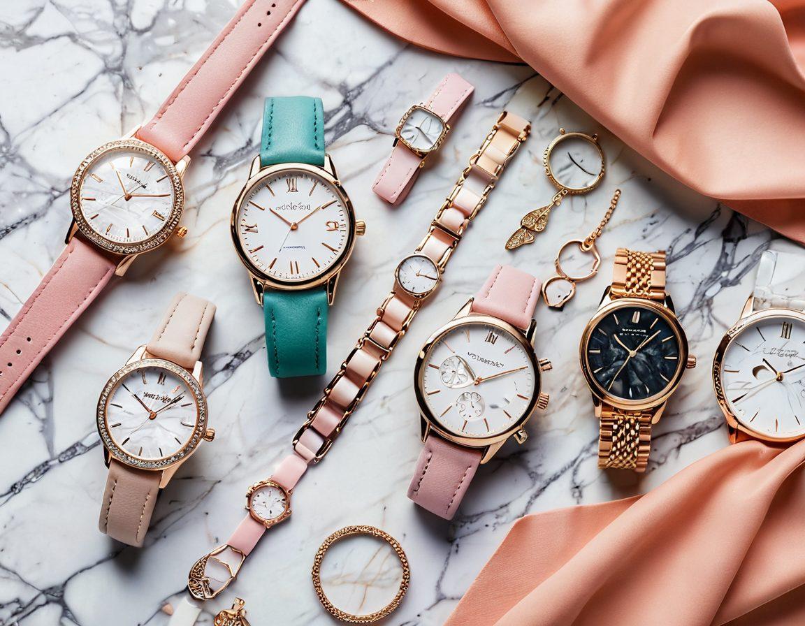 A stylish display of trendy wrist accessories including an array of watches, bangles, and bracelets, elegantly laid out on a chic marble surface. The background features soft pastel colors to highlight the accessories, while a hint of fashion sketches floats subtly around, suggesting creativity and inspiration. Soft shadows add depth, enhancing the luxurious feel of the image. super-realistic. vibrant colors. white background.