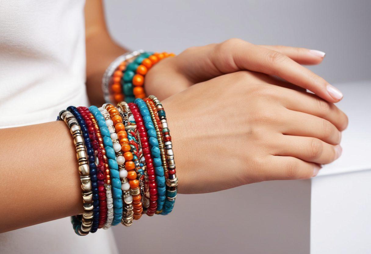 A stylish composition featuring a variety of trendy bracelets displayed elegantly on a fashionable backdrop, with a hero character adorned in modern attire showcasing one of the bracelets. Include soft focuses on details of the accessories and a warm, inviting atmosphere that radiates style and sophistication. Emphasize the diversity of styles, textures, and colors in the bracelets. super-realistic. vibrant colors. white background.