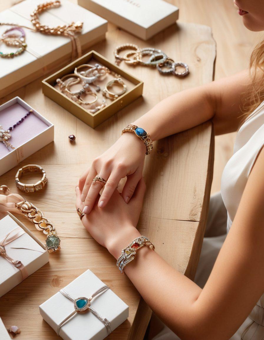 A stylish display of custom bracelets and statement jewelry pieces on a light wooden background, showcasing their versatility and elegance. Include a fashionable person trying on different pieces, with a thoughtful expression, surrounded by gift-wrapped boxes. Incorporate subtle hints of luxury with scattered gemstones and a soft, glowing light to enhance the allure of the jewelry. vibrant colors. soft focus. elegant styling.